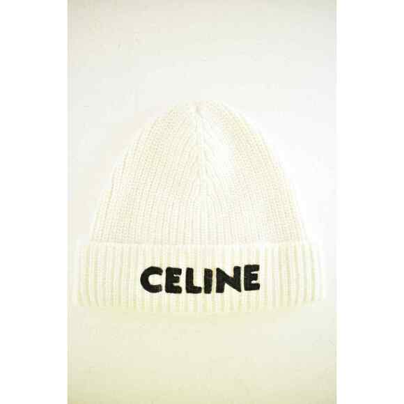 Celine Paris White Black Logo Laine Knit Wool Embroidered Beanie Cap Winter Hat main image 7